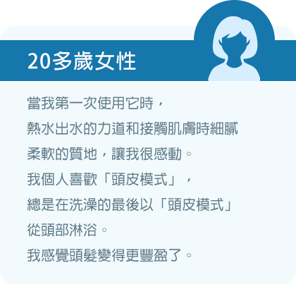 當我第一次使用它時，熱水出水的力道和接觸肌膚時細膩柔軟的質地，讓我很感動。我個人喜歡「頭皮模式」，總是在洗澡的最後以「頭皮模式」從頭部淋浴。我感覺頭髮變得更豐盈了。