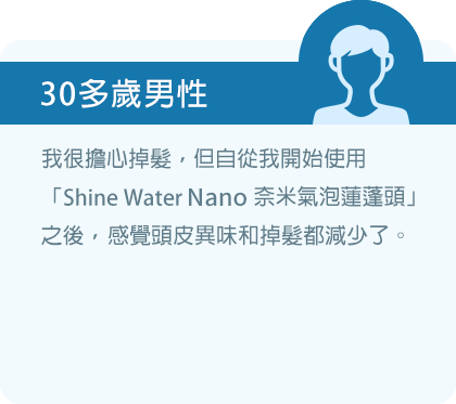 我很擔心掉髮，但自從我開始使用「Shine Water Nano奈米氣泡蓮蓬頭」之後，感覺頭皮異味和掉髮都減少了。