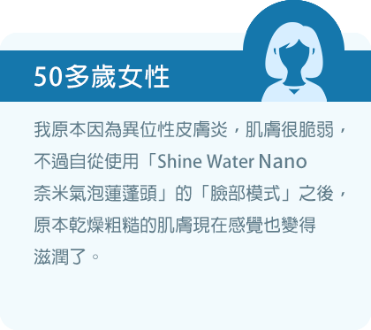我原本因為異位性皮膚炎，肌膚很脆弱，不過自從使用「Shine Water Nano奈米氣泡蓮蓬頭」的「臉部模式」之後，原本乾燥粗糙的肌膚現在感覺也變得滋潤了。